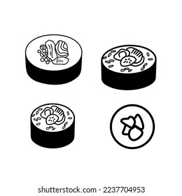 Japanisches Sushi-Set. Vektorgrafik-Umriss-Illustration einzeln auf weißem Hintergrund