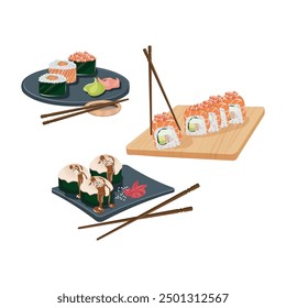 Sushi japonés, palos, rollos de sushi de salmón, wasabi, jengibre, rollos de sushi, conjunto de ilustración de salsa de soja