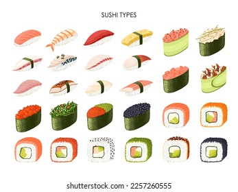 Japanese sushi types vector set. Rolls, nigiri and gunkan on white background. Asian food.