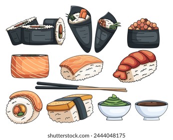 Colección de Ilustración vectorial de sushi japonés.