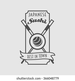 Japanese sushi vector logo or label design element with roll and two chopsticks.  Can be used for design menu, posters, flyers or cards
