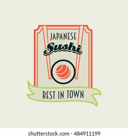 Japanese sushi vector logo, label or badge design template with roll and two chopsticks