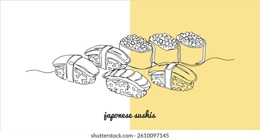 japanese sushis continuous single line art drawing sketch on white background	