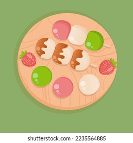 Japanese sweet , colorful mochi and dango on the wooden cutting board decorated with strawberries. Vector illustration. Top view.