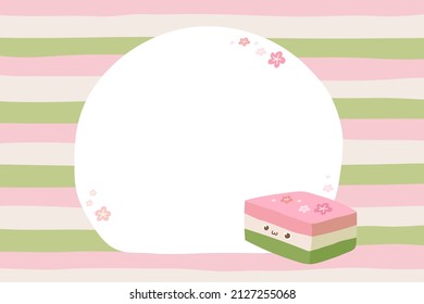 Japanese sweet dessert Hishi Mochi template for message, brochure, greeting card. Cute character Japanese sweet associated with the Hinamatsuri "Girl's Day" festival. Flat vector illustration.