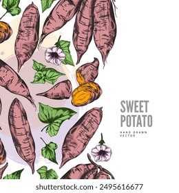 Japanese sweet red potatoes. Vector realistic illustration of a seamless border with bright tubers, flowers and leaves. Perfect background with space for text.