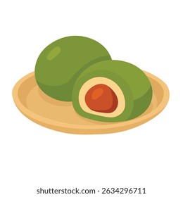 Japanese sweet rice cake filled with red bean paste, soft cartoon vector illustration.