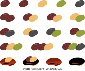 Japanese sweet rice cake hand-drawn color illustration icon set. White background.