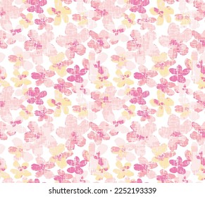 Japanese Sweet summer Cherry Blossom Vector Seamless Pattern linen and slub textured background.