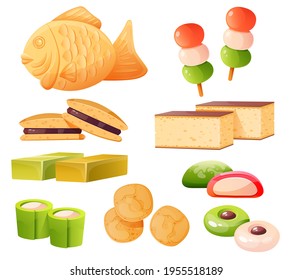 Japanese sweets cartoon set, taiyaki fish-shaped cake, ice cream Mochi in rice dough, Mitarashi dango dessert covered witha sweet soy sauce glaze, nerikiri classic street Japan snacks Vector icons