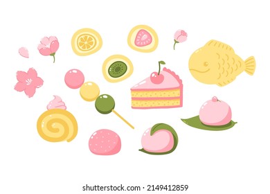 Japanese sweets and desserts vector elements set. Mochi, dango, cake