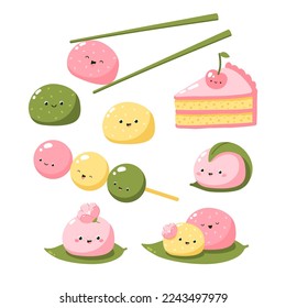 Japanese sweets and desserts vector elements set. Mochi, dango, cake