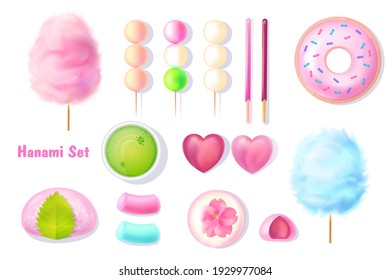 Japanese sweets. Hanami dango. Matcha tea top view. Onigiri and pink mochi. Sakura flower. 3d realistic desserts isolated on white background.