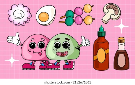 Japanese sweets and traditional Moti ice cream with other ingredients. Bright character for your design on a pink background. Can be used in banners, postcards, social networks and menus.