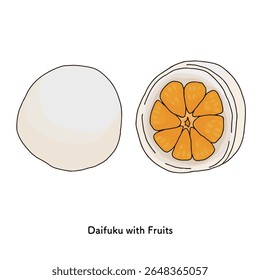 Japanese sweets_Fruit Daifuku mandarin orange line drawing Hand-drawn illustration