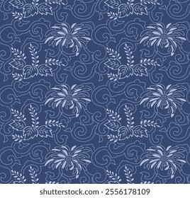 Japanese Swirl Flower Leaf Vector Seamless Pattern