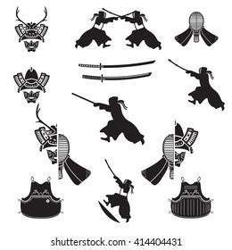 Japanese sword fighting symbols set. Vector illustration. 