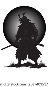 Japanese swordsman silhouette in a heroic pose, perfect for traditional artwork, t-shirts, and martial arts themes.