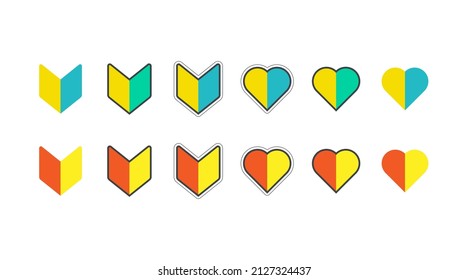 Japanese symbol for beginner new drivers. A yellow blue and green shield symbol, heart shape, called a Shoshinsha  Wakaba mark.