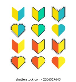 Japanese symbol for beginner new drivers. A yellow blue and green shield symbol, heart shape, called a Shoshinsha  Wakaba mark.