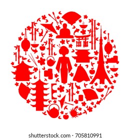Japanese symbol set in round shape with traditional food travel icon of Japan vector illustration isolated, landmark Kinkaku JI temple, Itsukushima Shrine, Tokyo tower, Confucius temple, Mountain Fuji
