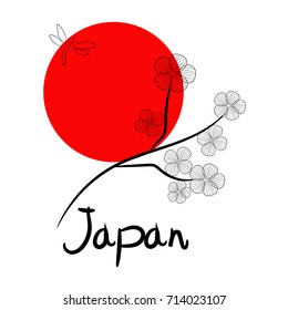 Japanese symbolic design with red of sun on white background and lines of sakura and dragonfly