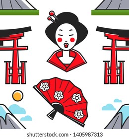 Japanese symbols geisha and torii gate mountain and fan seamless pattern vector woman with chopsticks architecture and nature Fuji mount and landmark endless texture female accessory and landscape