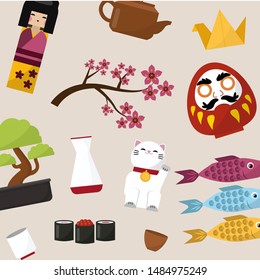 Japanese symbols of luck vector pattern. Japanese dolls - kokeshi that bring good luck, prosperity and wealth, cat, fish and bonsai cartoon illustration.