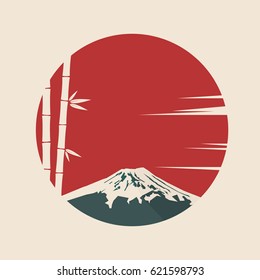 Japanese Symbols Mount Fuji And Bamboo On Background Of Red Sun. Vector Illustration.