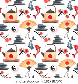 Japanese symbols - objects of traditional culture of Japan: teapot, flat stones, fan, sakura tree flowers, Yin Yang, koi carp. Vector seamless pattern.