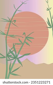  japanese symbols on sun background with bamboo. Symbols harmony, energy and way
