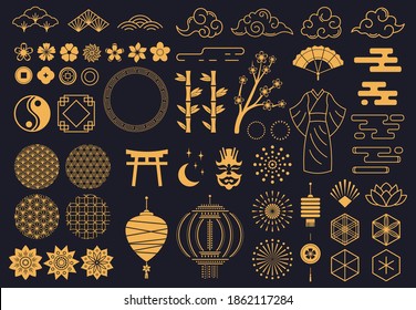 Japanese symbols. Oriental kabuki theatre, japanese or chinese kimono ornament, lotus, bamboo and lanterns. Asian traditional sketch vector symbols. Flowers, sakura branch, clouds and moon with stars