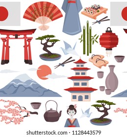 Japanese symbols seamless pattern. Vector iluustration on white background.  Colorful icons of Japan culture tiled backdrop. Geisha, Fujiyama, Torii etc.