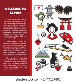 Japanese symbols welcome to Japan traveling tourism oriental culture banner vector geisha and sushi fast train and torii gate tea and fan chopsticks and bonsai origami and national flag Fuji mountain.