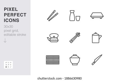 Japanese tableware line icon set. Chopsticks, sushi plate, sake, soup bowl, roll mat, soy sauce minimal vector illustration. Simple outline sign of asian food. 30x30 Pixel Perfect, Editable Stroke.