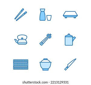 Japanese tableware line icon set. Serving items - chopsticks, sushi plate, sake, roll mat, soy sauce minimal vector illustration. Simple outline sign for asian food. Blue Color, Editable Stroke