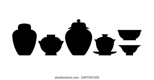 Japanese tableware shapes. Different handmade crockery items - gaiwan, cup for tea, vases, bowls, shiruwan bowl. Abstract silhouette of handmade oriental crockery. Simple flat vector, isolated