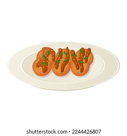 Japanese Takoyaki dish on a plate. Asian food illustration isolated on white background in cartoon style