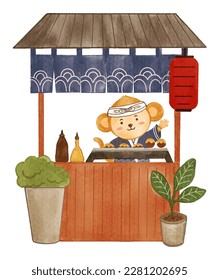 Tienda japonesa de takoyaki con animales salvajes de monos . Pintura acuarela realista con textura de papel. Diseño de caricaturas. Vector.