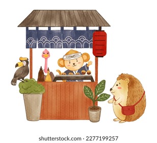 Tienda japonesa de takoyaki con animales salvajes . Pintura acuarela realista con textura de papel. Diseño de caricaturas. Vector.