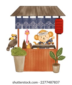 Tienda japonesa de takoyaki con animales salvajes . Pintura acuarela realista con textura de papel. Diseño de caricaturas. Vector.