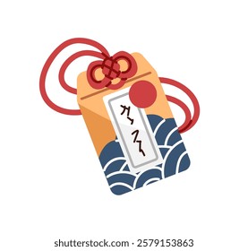 Japanese talisman with red knot for fortune. Omamori with pray for success. Traditional Asian amulet for good luck. Charm card in Japan culture. Flat isolated vector illustration on white background