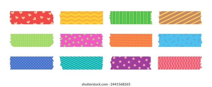 Japanese tape washi, cute masking paper, colorful scotch, scrapbook pattern, decoration frame with color texture, craft sticky set isolated on white background. Vector illustration