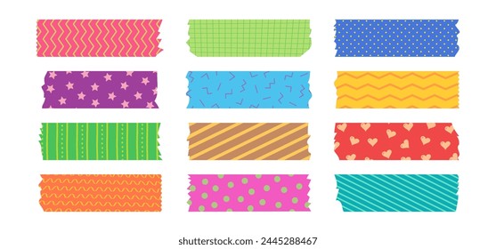 Japanese tape washi, cute masking paper, colorful scotch, scrapbook pattern, decoration frame with color texture, craft sticky set isolated on white background. Vector illustration