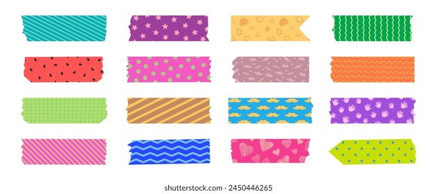 Japanese tape washi, cute masking paper, colorful scotch, scrapbook pattern, decoration frame with color texture, craft sticky set isolated on white background. Vector illustration