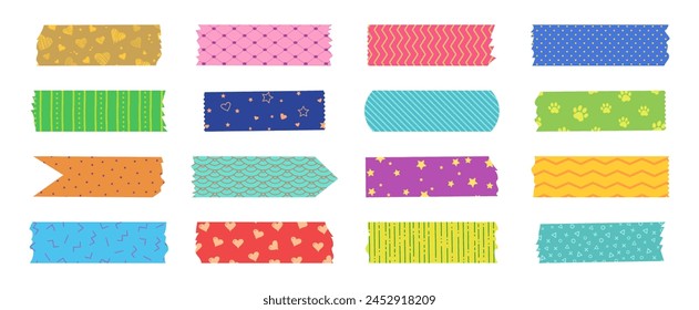 Japanese tape washi, cute masking paper, colorful vector scotch, scrapbook pattern, decoration frame with color texture, craft sticky set isolated on white background. Simple illustration