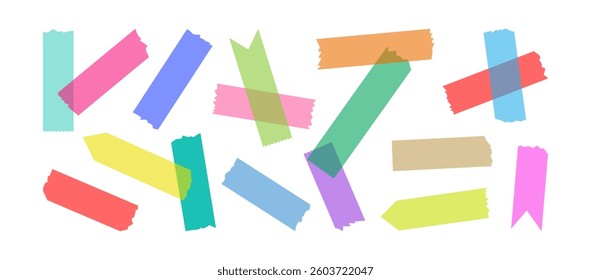 Japanese tape washi, cute masking paper, transparent torn scotch, colorful scrapbook decoration frame, craft sticky. Pastel colored set isolated on white background. Vector illustration