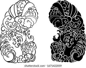 Japanese tattoo background for tattoo design.Traditional Chinese waves and clouds for coloring on white isolated background.Tattoo background vector illustration for design idea.