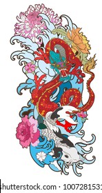 Japanese tattoo design full back body.The Old Dragon and koi carp fish with water splash and peony flower,cherry blossom,peach blossom on cloud background.