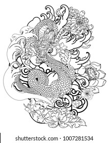 Japanese tattoo design full back body.The Old Dragon and koi carp fish with water splash and peony flower,cherry blossom,peach blossom on cloud background.